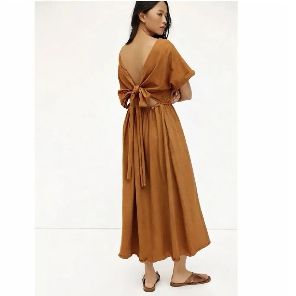 Free People FP Beach Rust Brown Midi Dress Size XS Open Back Tie Cotton Boho